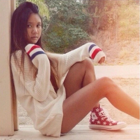 Brandy Melville Sweaters - Brandy Melville Cotton Knit V-Neck Pullover Juliet Sweater Varsity Stripe Cuffs